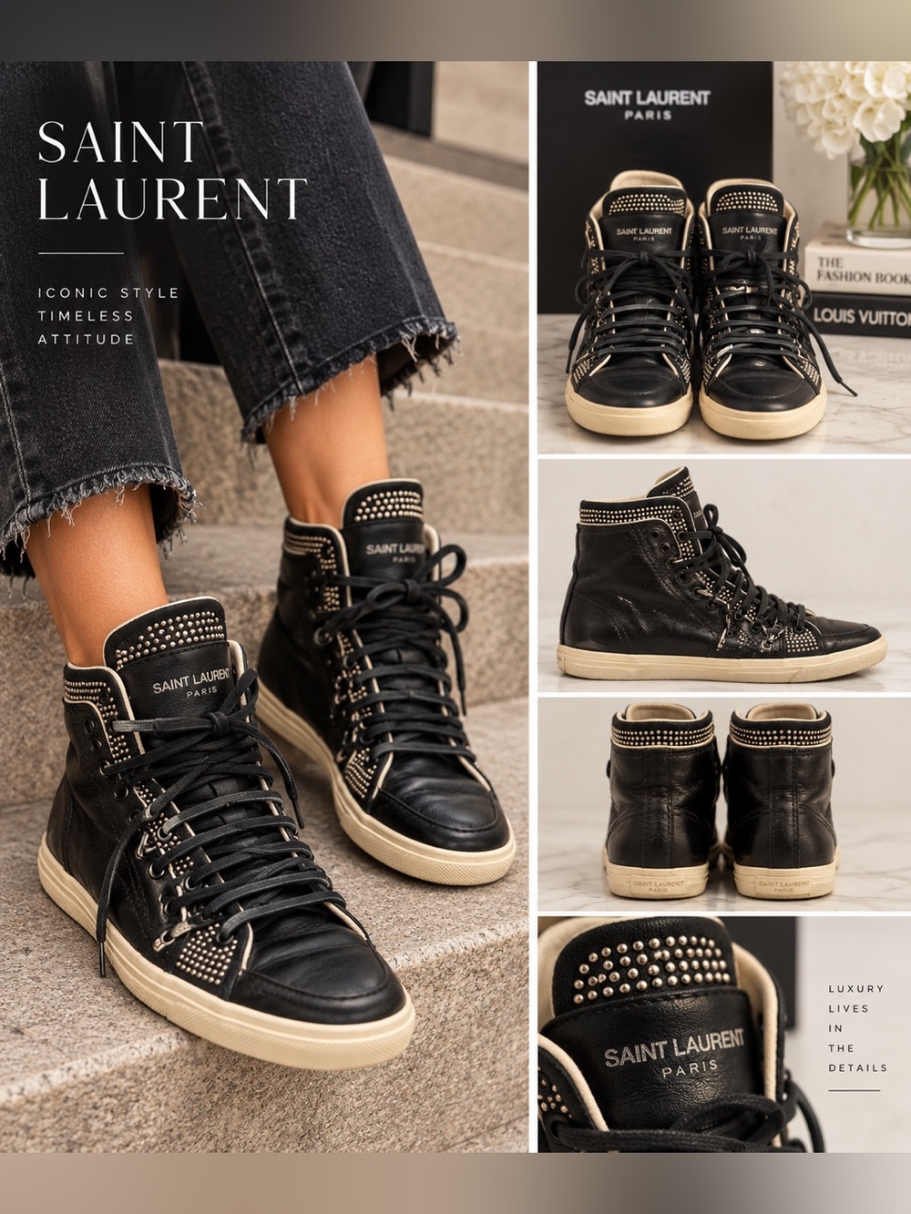 Saint Laurent Paris Studded High Top Sneakers 38.5 Hedi Era